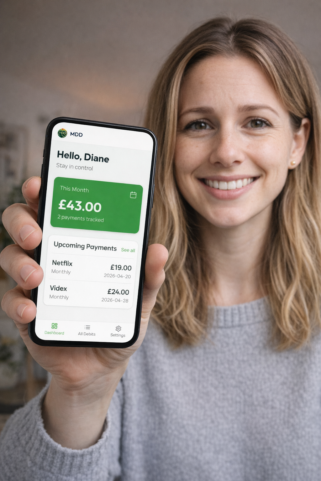 Pre warning — happy face with MDD dashboard showing £43.00 and upcoming payments