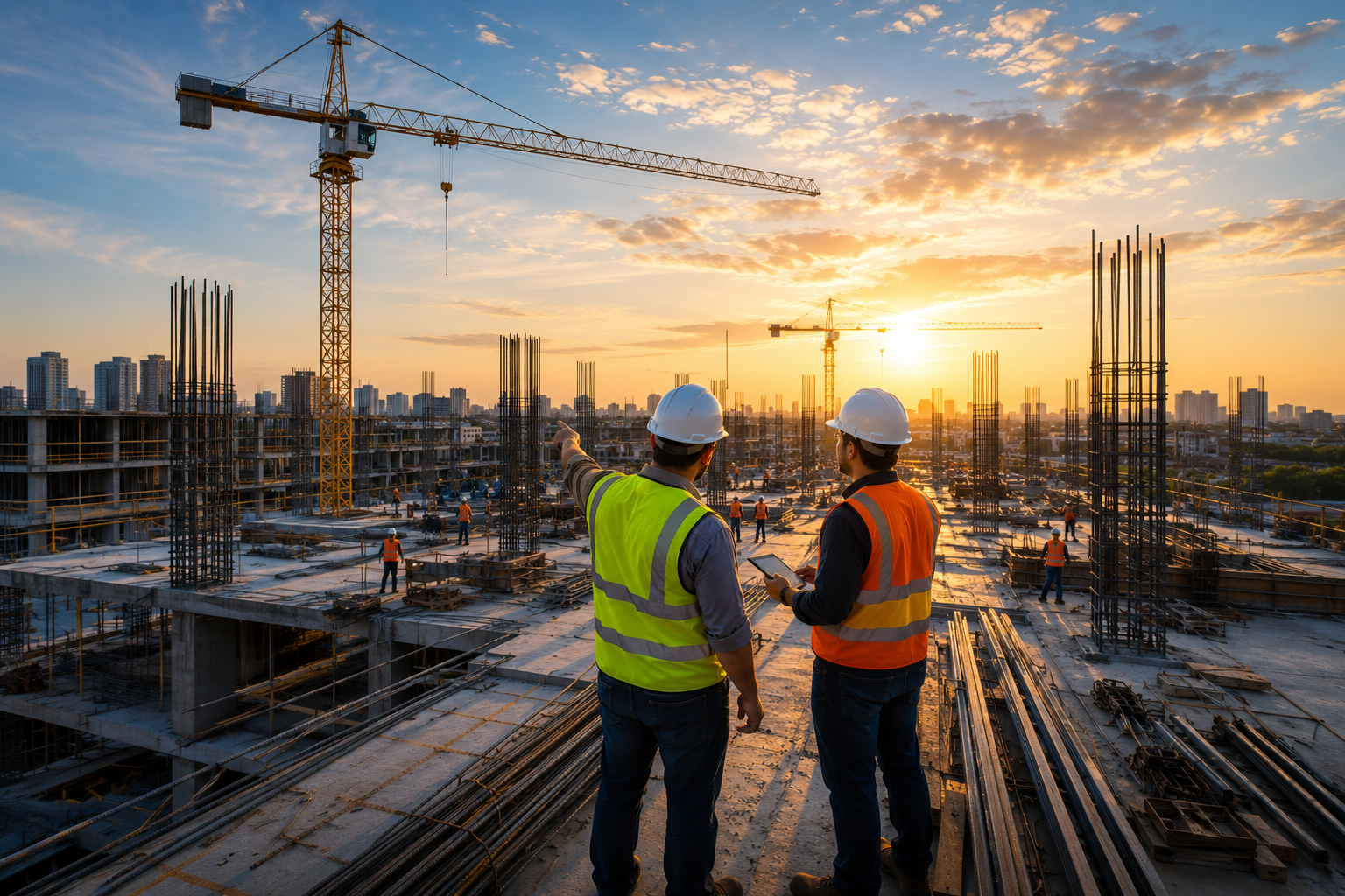 Two construction workers in safety vests and hard hats overlooking an active commercial job site at sunset, with tower cranes and steel framing