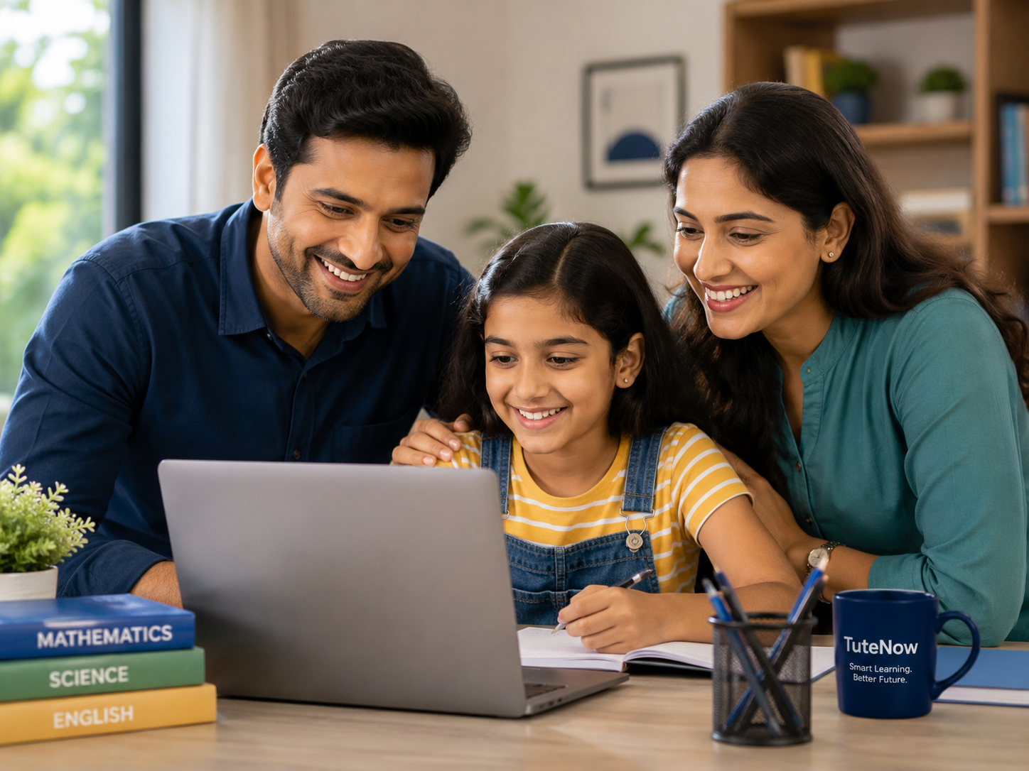 A happy Indian family studying together with TuteNow