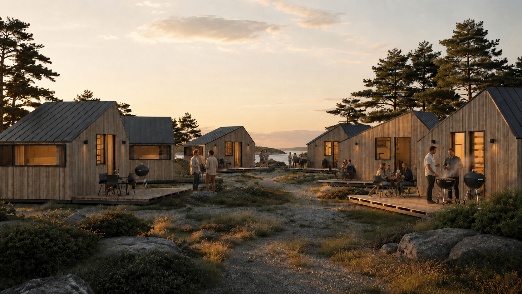 Logements YONO TWIN installés en village saisonnier au coucher du soleil
