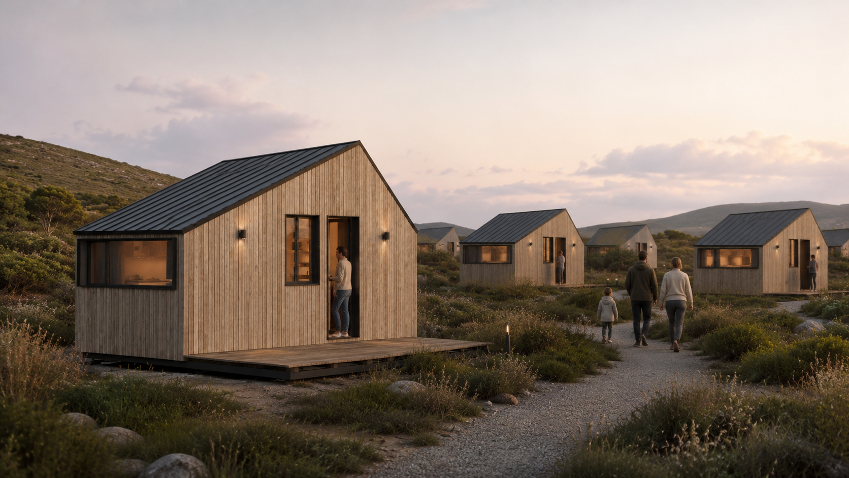 Logements YONO TWIN installés dans un paysage naturel au coucher du soleil