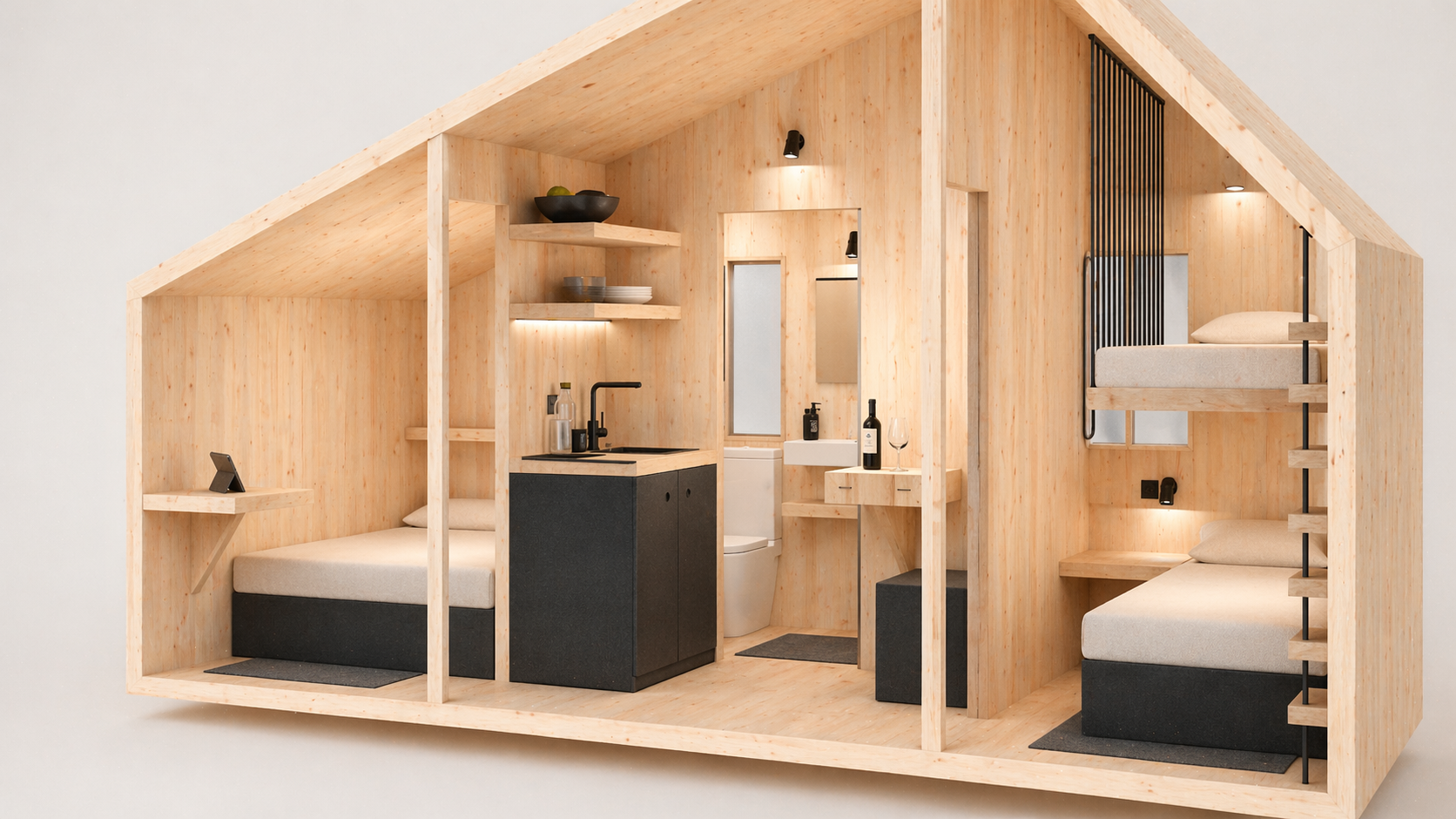 Vue intérieure du logement YONO TWIN — deux chambres, kitchenette et salle d'eau