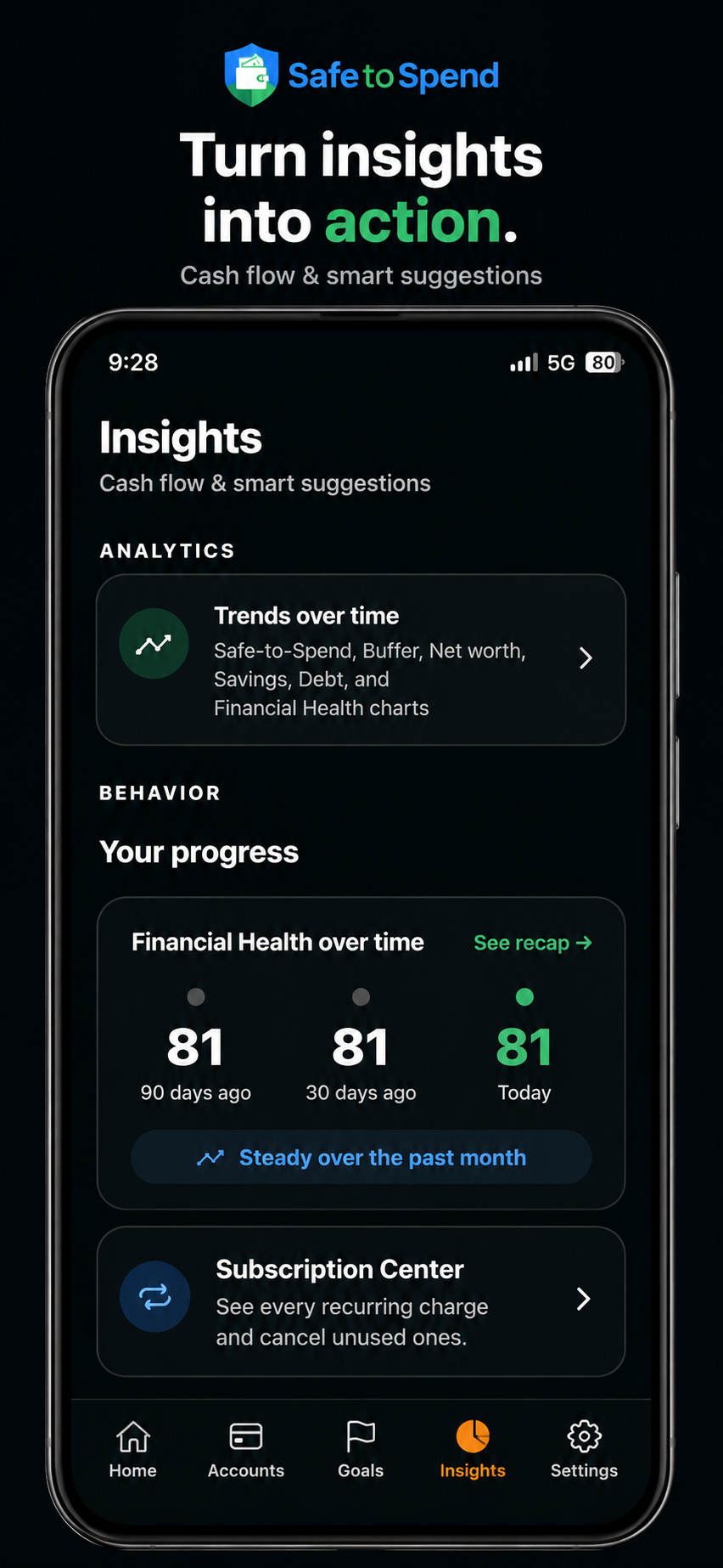 Safe to Spend Insights — financial health score and subscription center