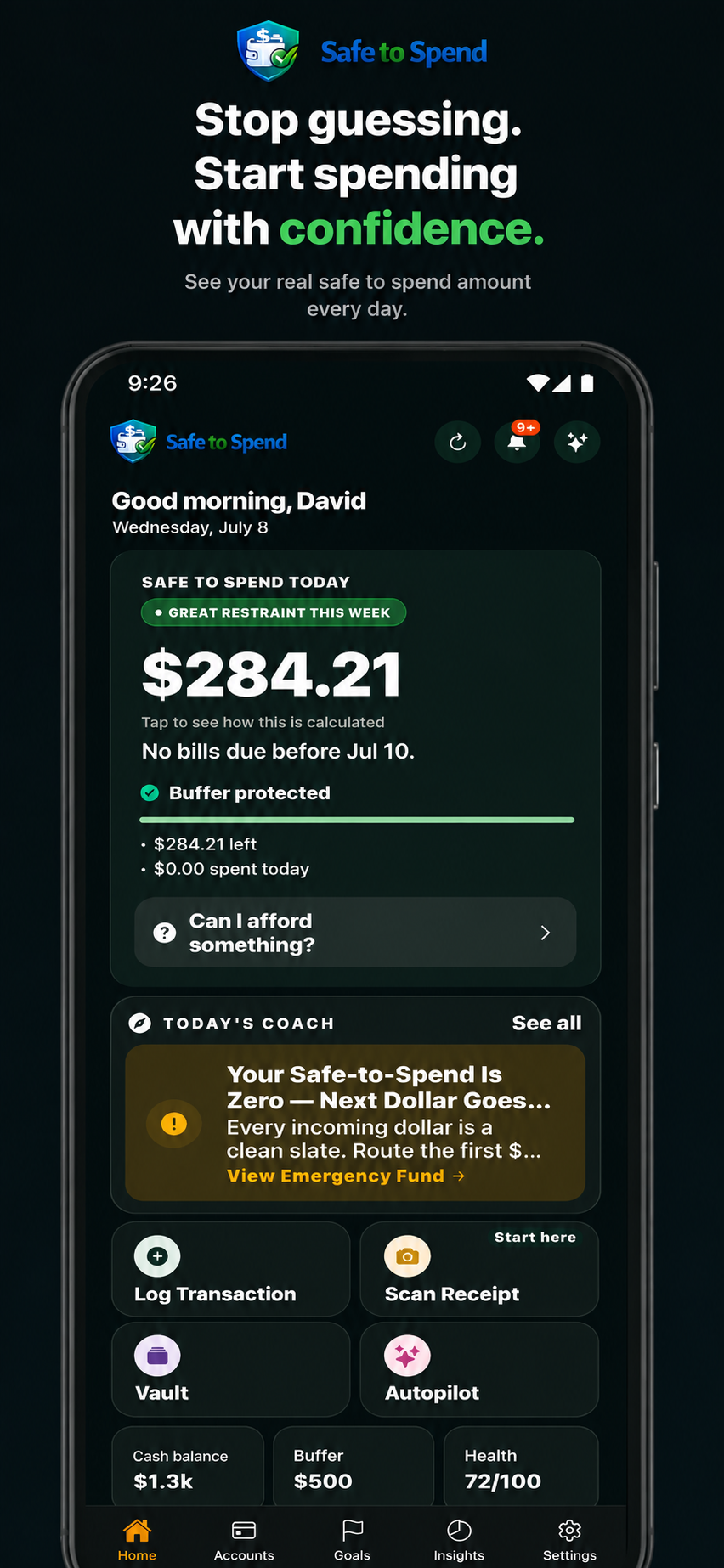Safe to Spend Home — Safe to Spend Today with buffer protection and Today's Coach