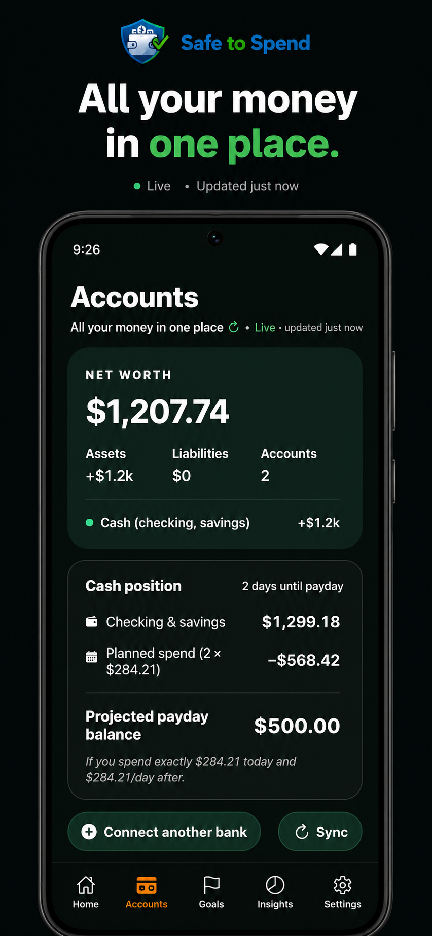 Safe to Spend Accounts — all money in one place with projected payday balance