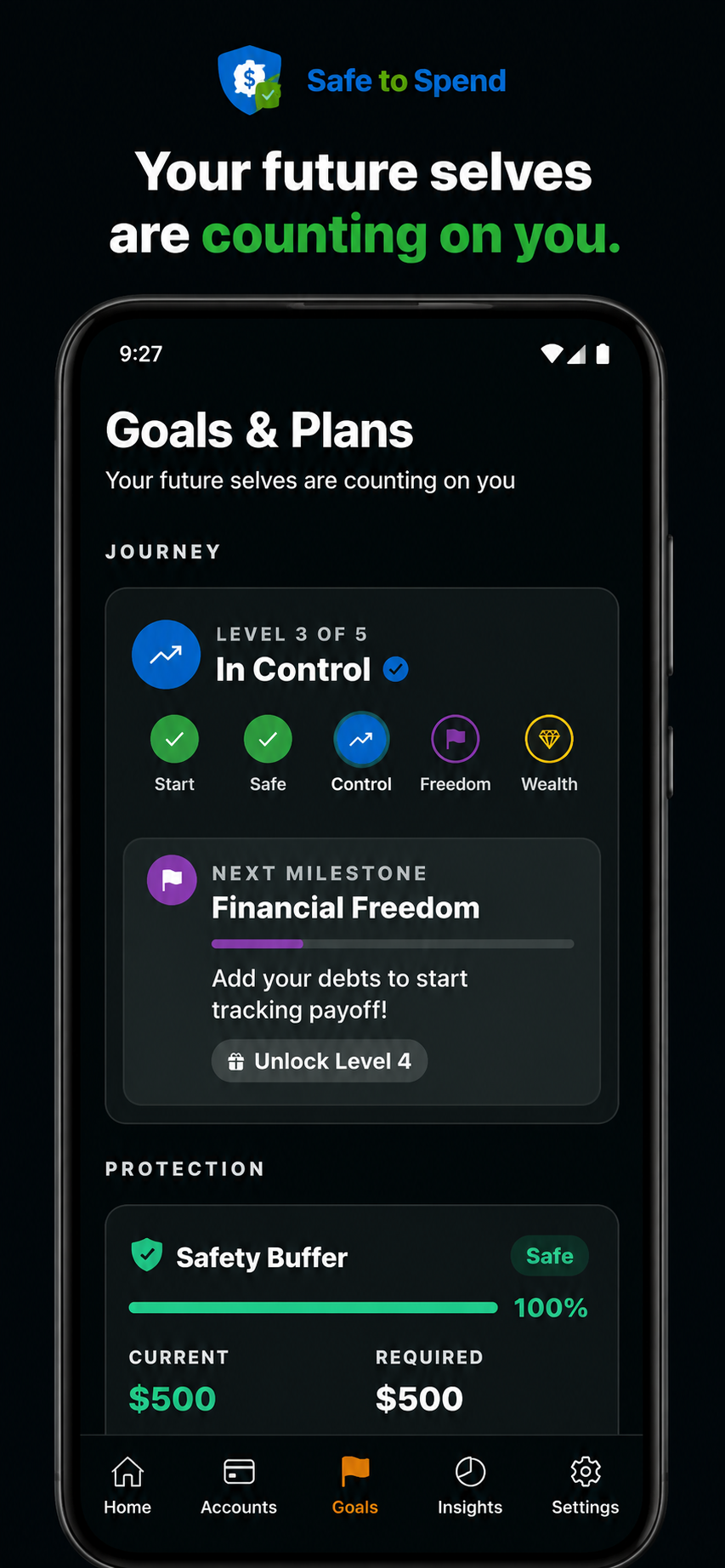 Safe to Spend Goals — journey levels from Start to Wealth with safety buffer