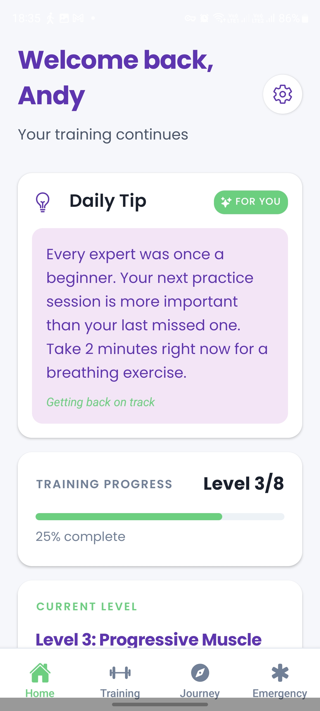 Mind Armor Home Screen - Daily Tips and Progress Tracking