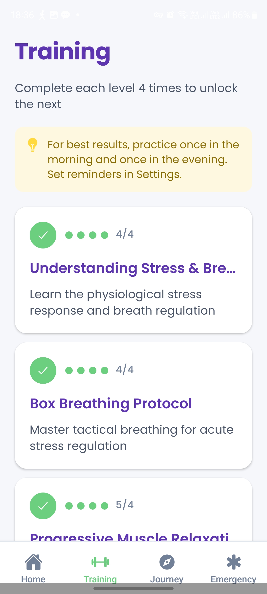 Mind Armor Training Screen - 7 Level Progressive Program