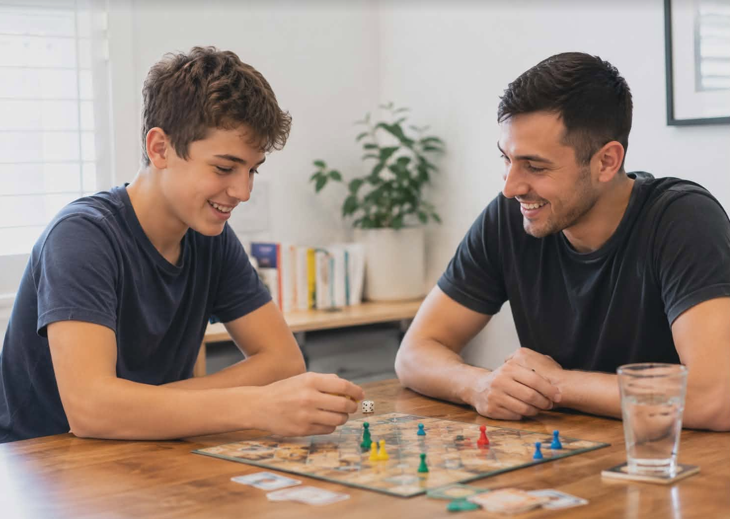 Young man and his support worker smiling while playing a board game at home