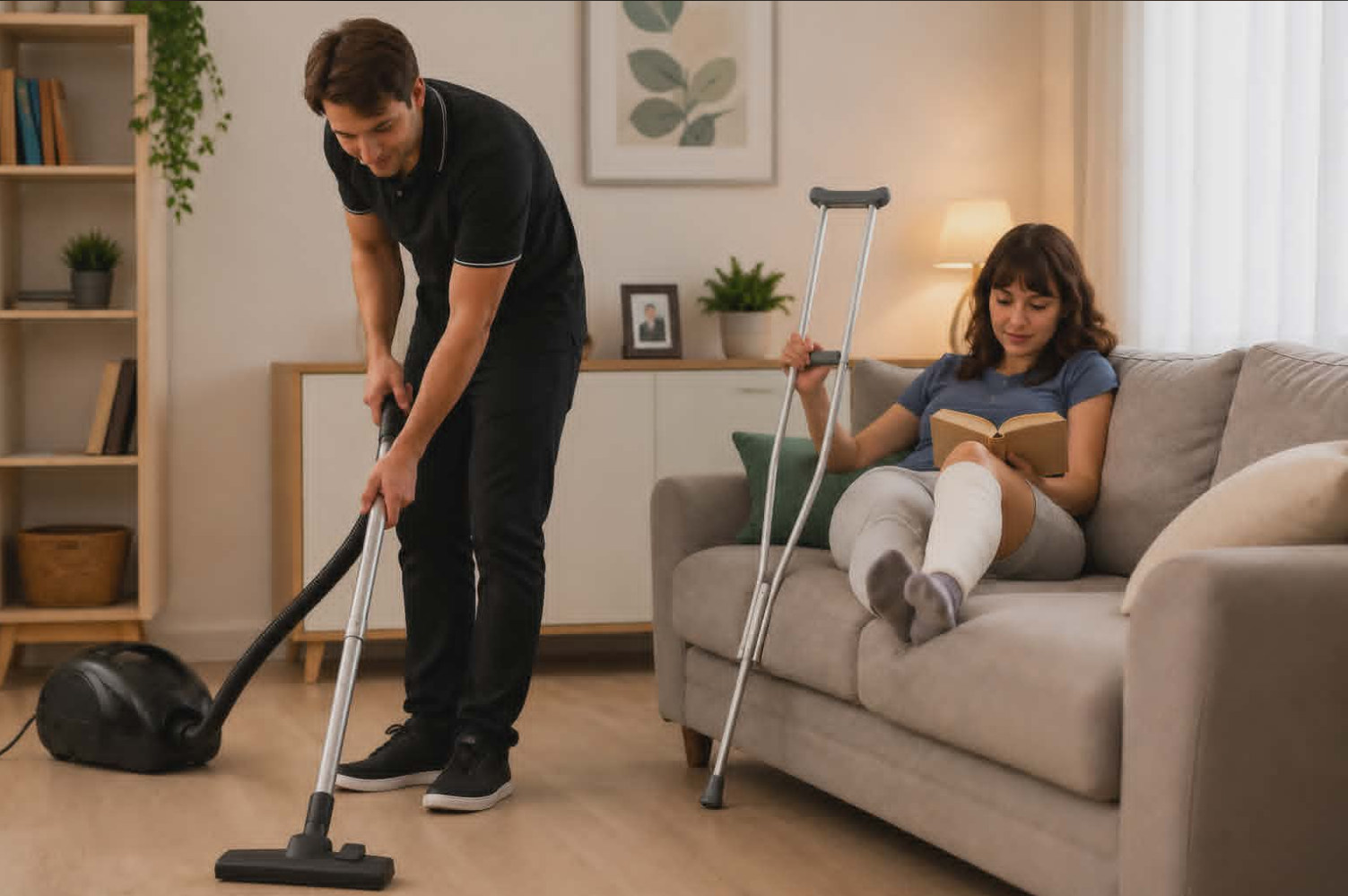 Support worker vacuuming the living room while a young woman with a leg cast rests on the couch reading