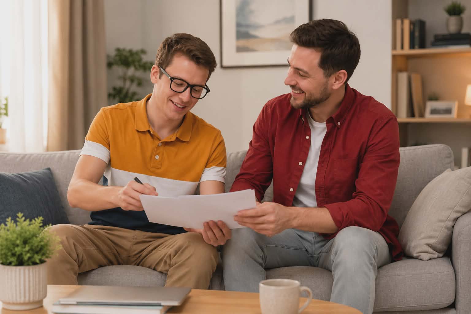 Support coordinator helping a young adult participant review paperwork on a couch
