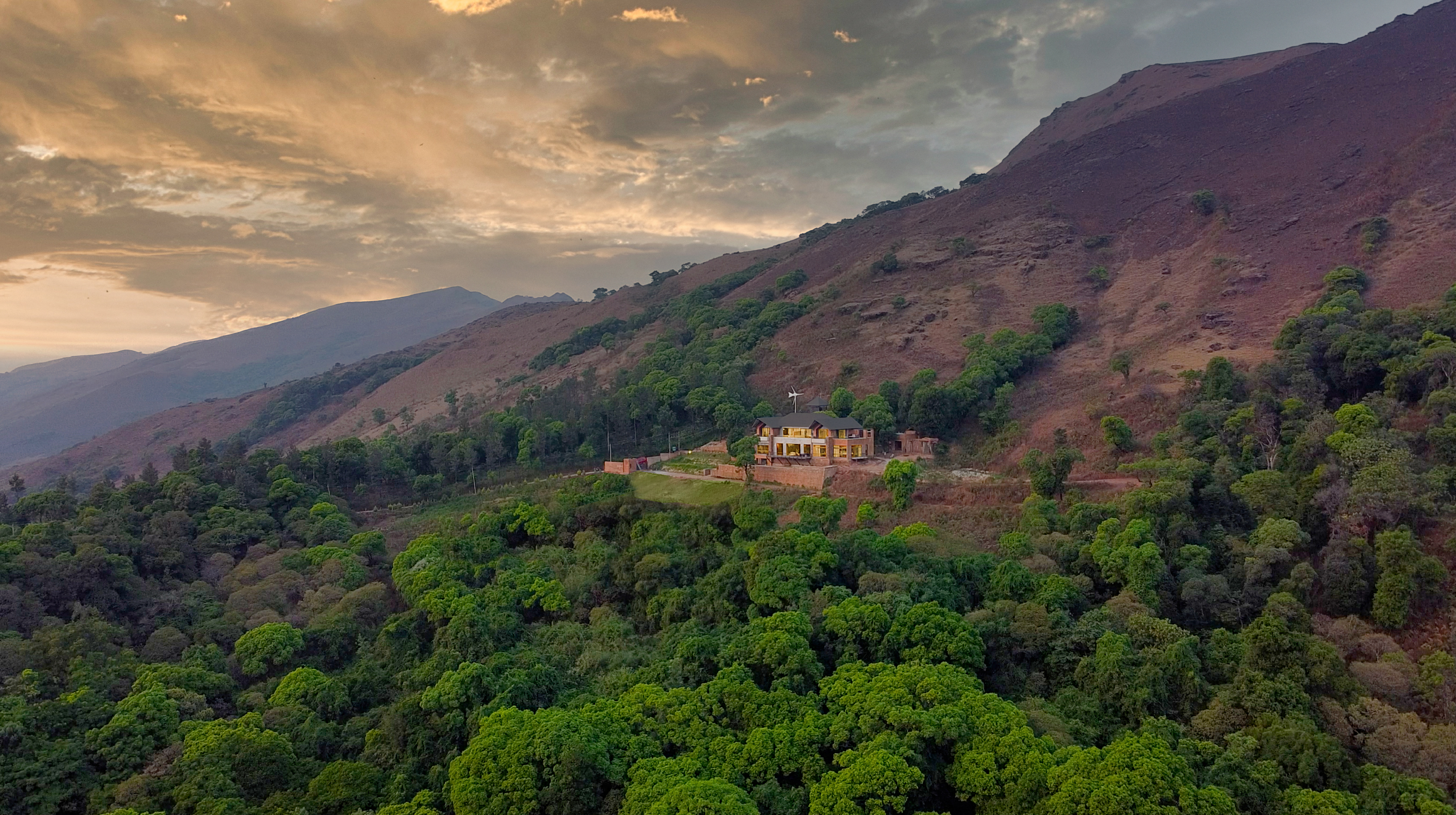 Varenya Villa aerial view - luxury retreat nestled in Western Ghats mountains, Chikmagalur