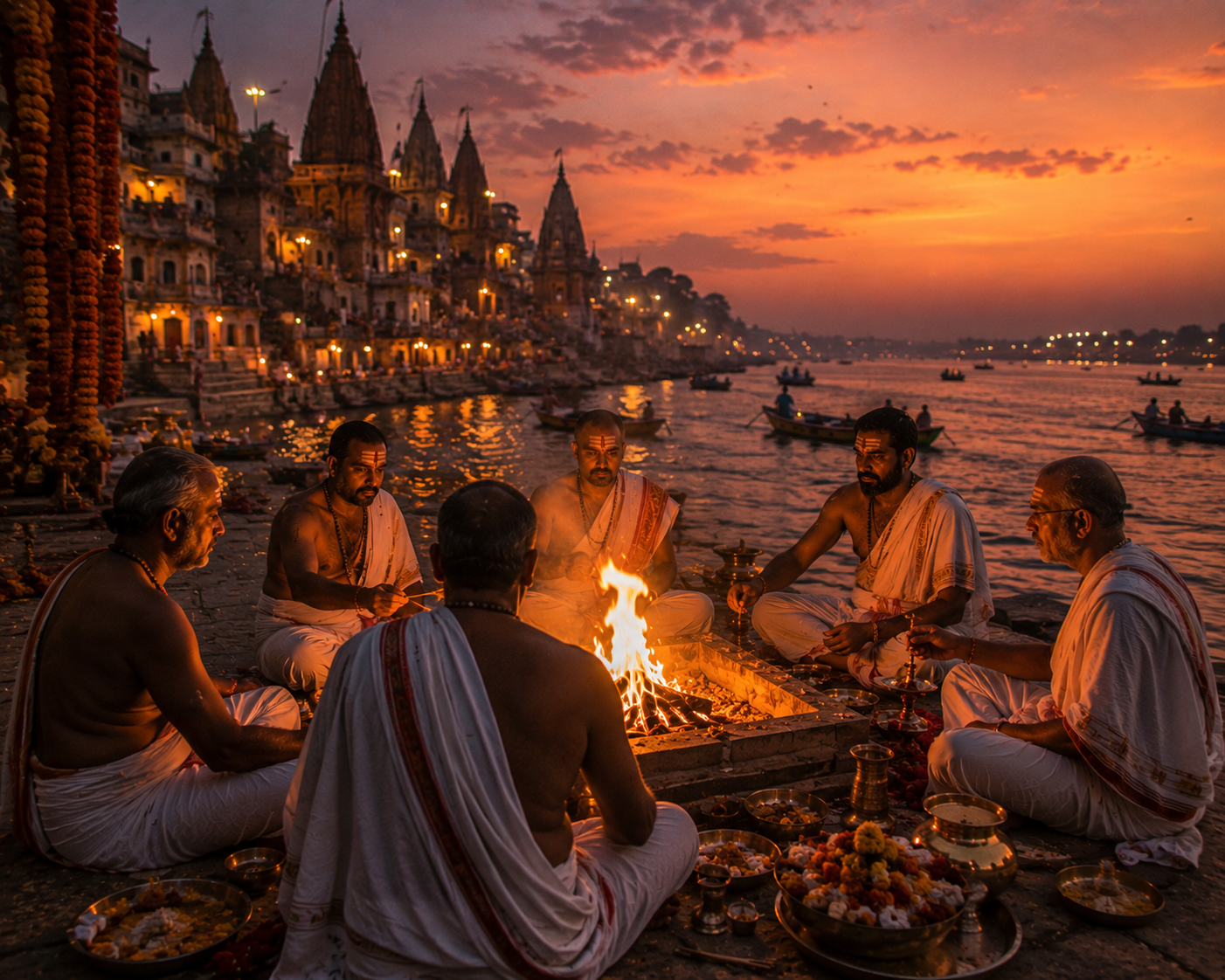 Pandits performing havan at the Ganga ghats at dusk, Varanasi