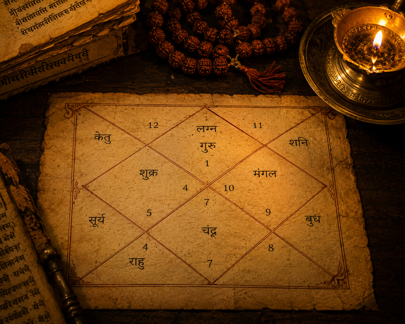 Kundli birth chart on aged parchment with rudraksha mala and brass diya lamp