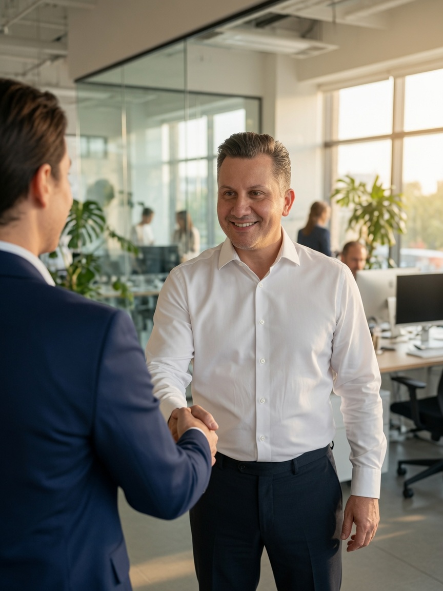 Vincent shaking hands with a client during an on-site visit