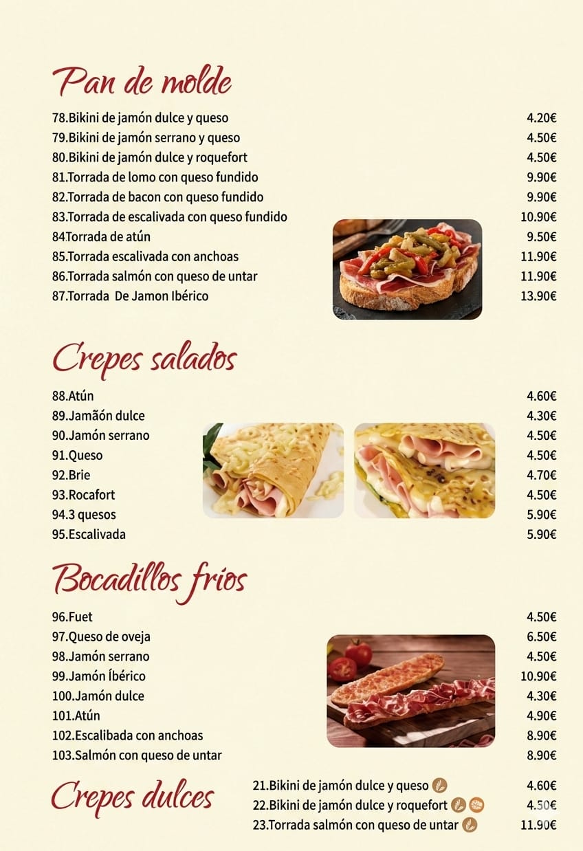 Torradas, Crepes y Bocadillos Fríos