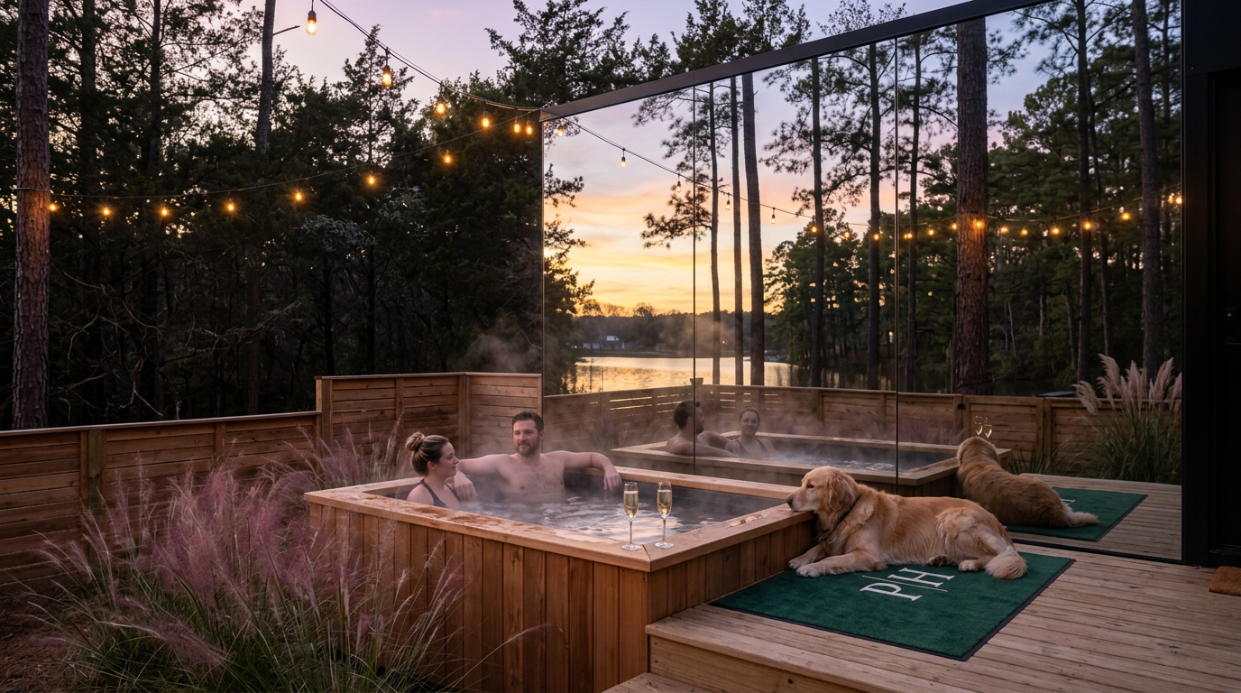 PawHaus Resort — private wood-fired hot tub at dusk with dogs on the deck