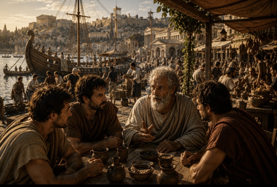 An elder philosopher in pale toga gestures mid-argument at a wooden table by the harbor. Three companions lean in to listen. Behind them: docked ships, a teeming marketplace, and the Acropolis crowning the city in golden hour light.