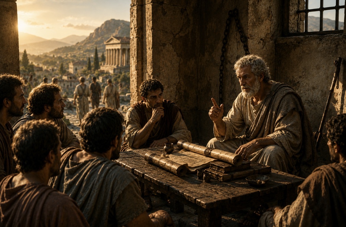 Epictetus, weathered and grey-bearded, sits before a low wooden table piled with scrolls and small wooden tablets, raising one finger as he teaches. His students lean in around him in earth-tone togas. Iron chains hang from the cracked wall behind him; through the open arch, the temple of an ancient mountain town glows in golden hour light.