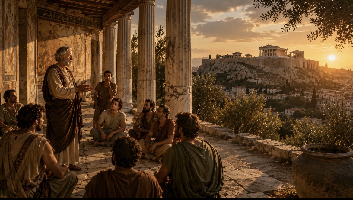 Zeno of Citium teaching seated students on marble flagstones under a colonnade. The Acropolis rises at sunset, framed by olive branches.