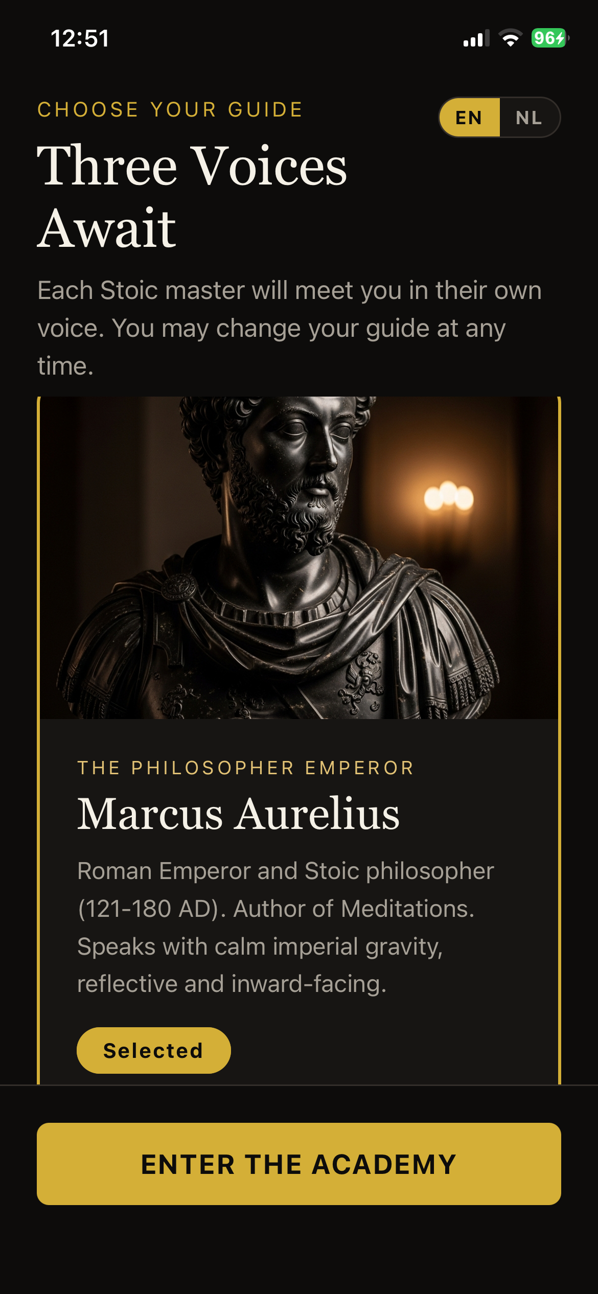 Virtue Guide app card for Marcus Aurelius