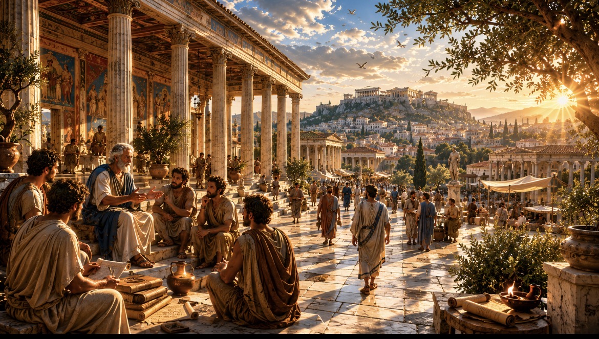 Sunlit panorama of ancient Athens — marble colonnade, citizens in the agora, the Acropolis crowning the city in golden hour light.