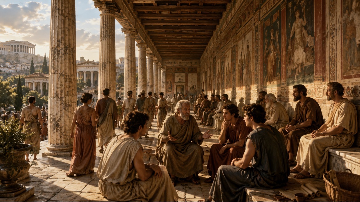 The painted porch of ancient Athens at golden hour. Citizens, students, travellers and an elder philosopher in animated dialogue beneath frescoed walls and marble columns; the Acropolis visible beyond.