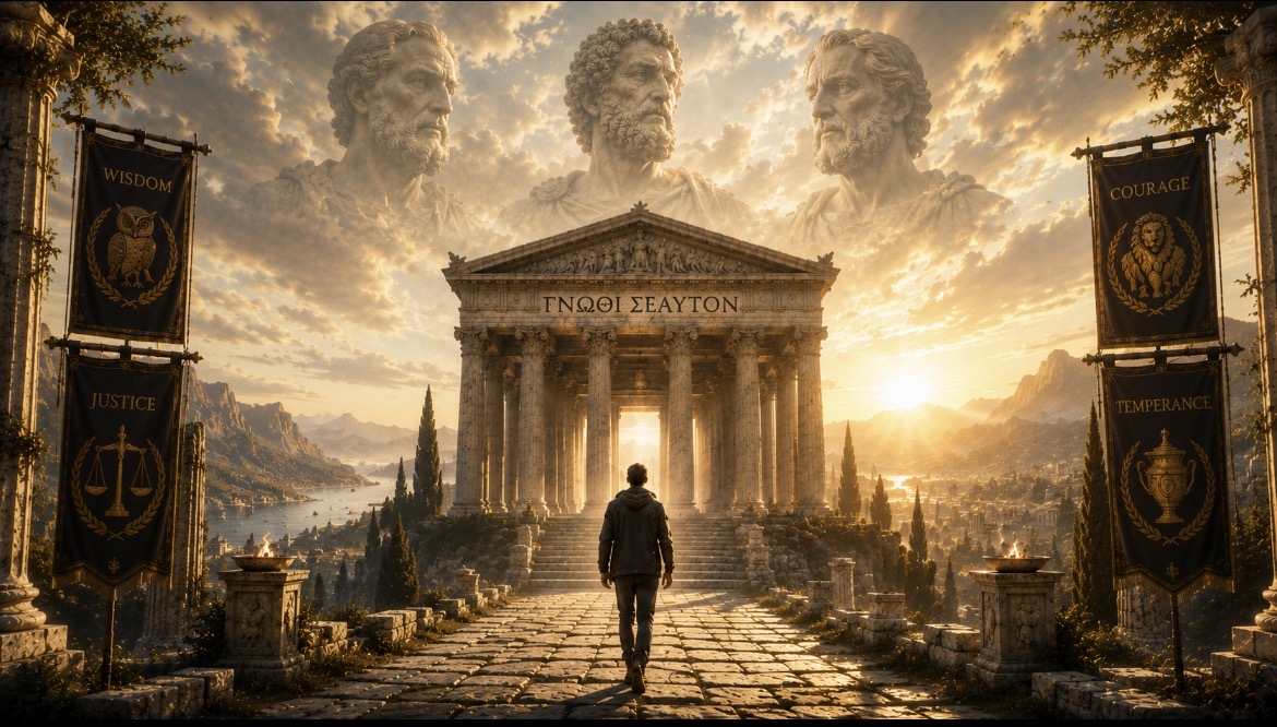 Een man staat voor een monumentale toegangspoort met de woorden Know Thyself.