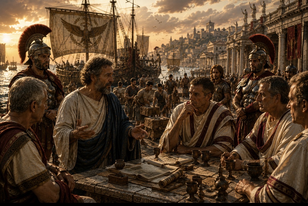 A Greek philosopher in pale toga addresses a circle of Roman senators and a centurion at a stone table by the harbor at sunset. Roman warships fly an eagle banner; columns and statues line the quay; the city of Rome rises beyond.