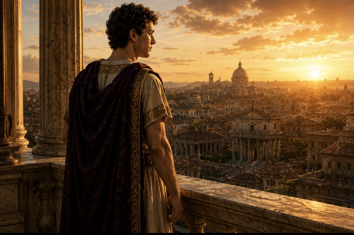 A young Marcus Aurelius, dark curly hair, in cream tunic and deep purple cloak embroidered with gold, stands at a marble balcony overlooking the city of Rome at sunset. Domes, columns and rooftops stretch to the horizon under a vast golden sky.