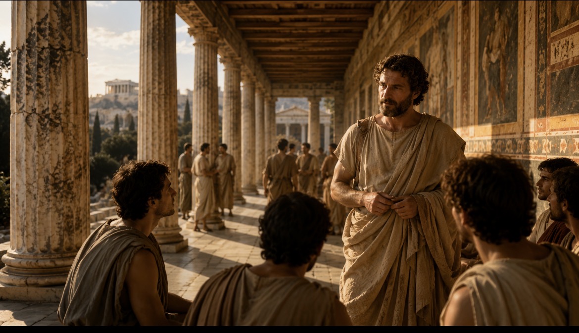 Cleanthes addressing his disciples beneath the colonnade of the Stoa. Earth-tone toga, marble columns, frescoed wall, the Acropolis visible through the columns in golden afternoon light.