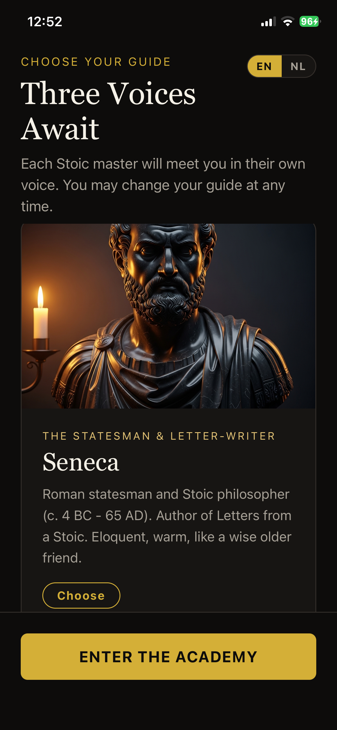 Virtue Guide app card for Seneca