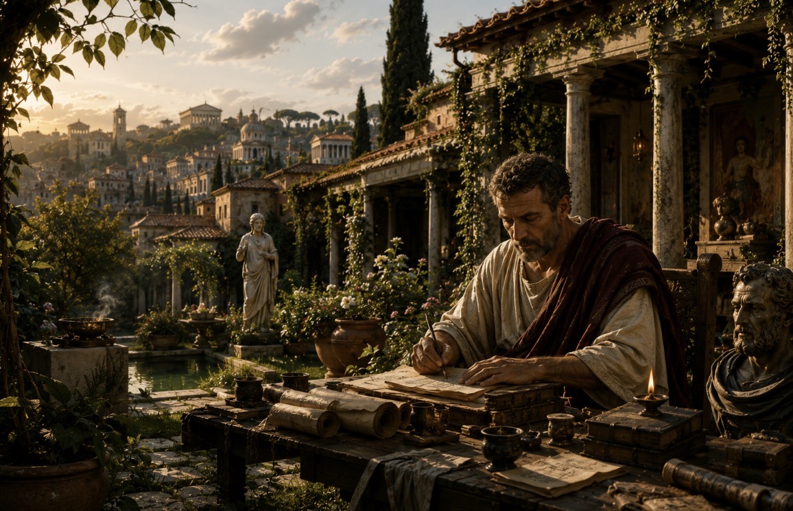 Seneca writing at a stone table in his villa garden at sunset. Cypress trees, ivy-clad colonnade, marble statues, a reflecting pool, and the city of Rome rising in the distance under golden hour light.