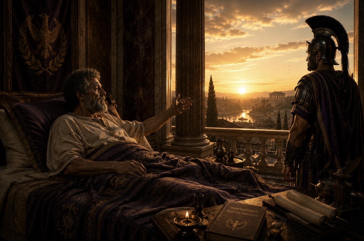 An elder Marcus Aurelius reclines on a silk-draped imperial couch in a marble chamber at sunset. He gestures with an open hand toward a Praetorian guard standing by the open balcony. Beyond the columns, Rome stretches to the horizon under a vast golden sky; on a low table rest a lit oil lamp and a leather codex inscribed ‘Meditationes — Marcus Aurelius’.
