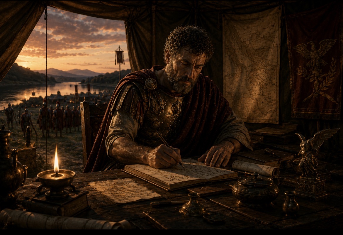 Marcus Aurelius, in bronze armour and crimson cloak, writes by lamplight inside his command tent on the Danube frontier at dusk. Beyond the open tent flap, Roman legions stand in formation along the river under a burning orange sky; maps and standards hang on the tent wall behind him.