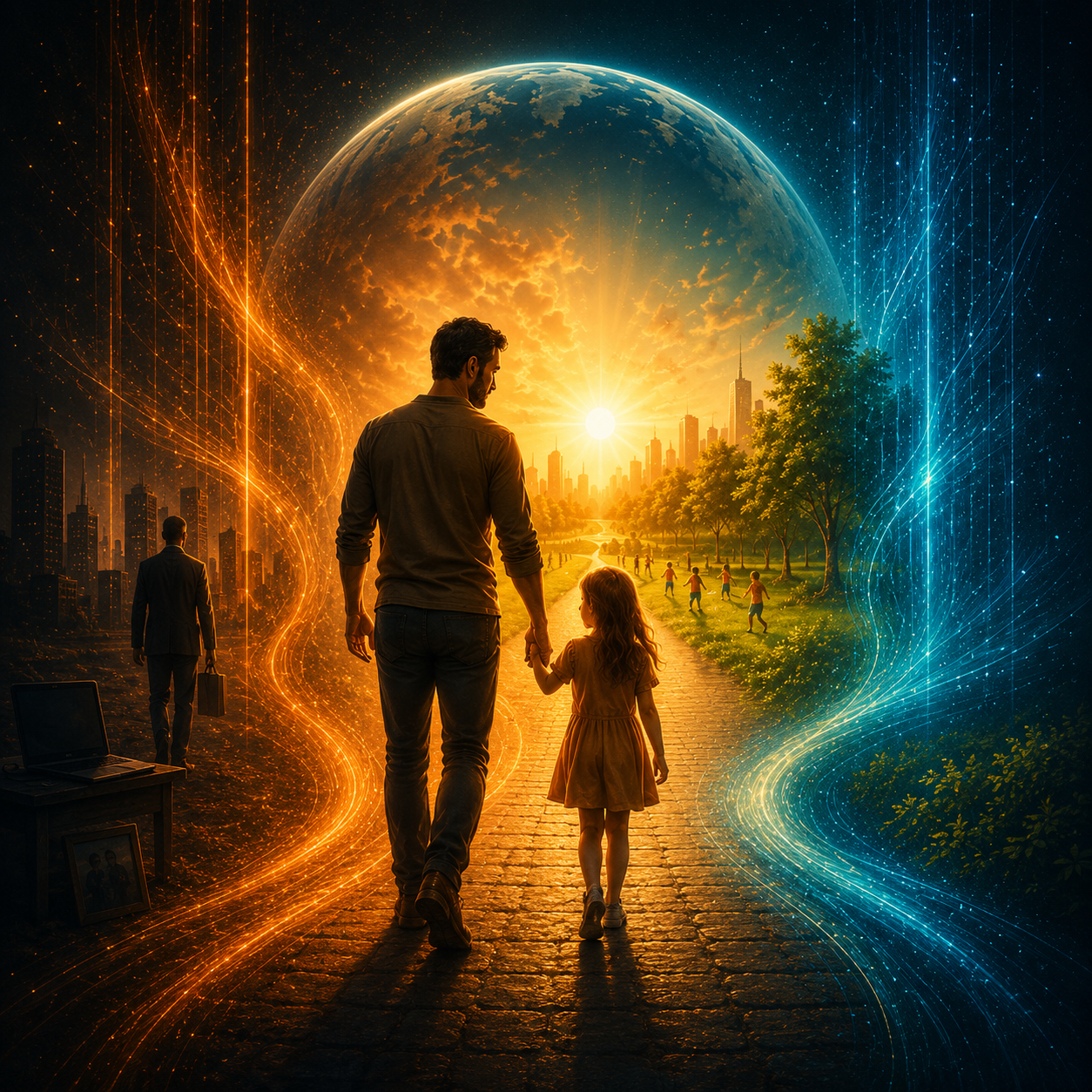 A father and daughter walking from a dark city toward a bright horizon — a metaphor for emotionally present fatherhood