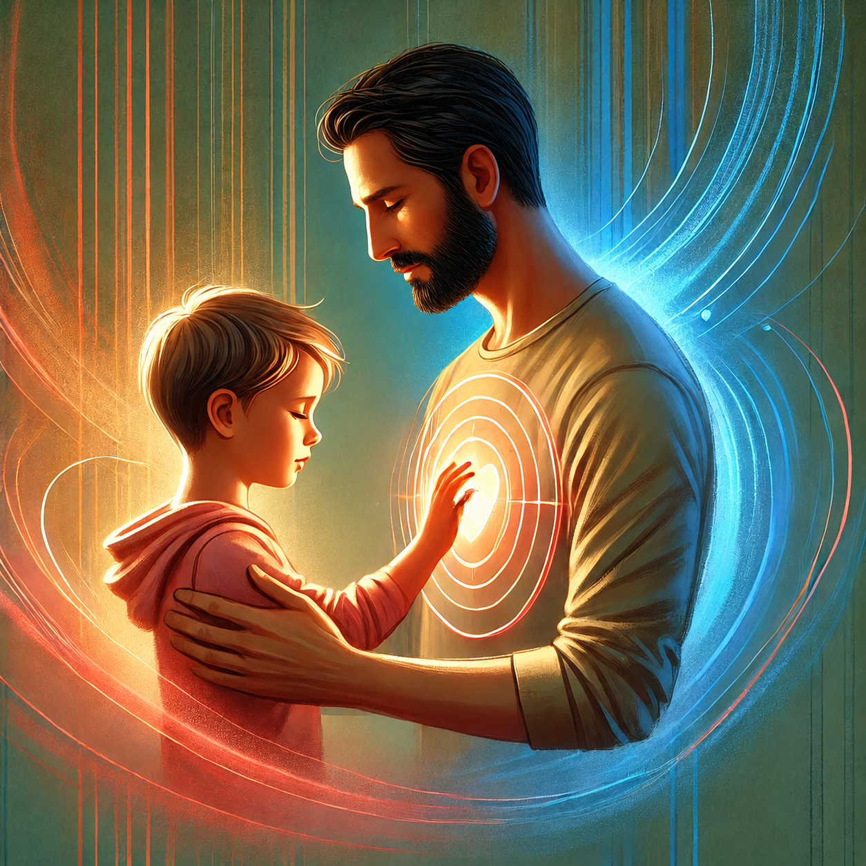 A father gently placing his hand on a child's heart, with warm light radiating between them — the quiet power of emotional presence