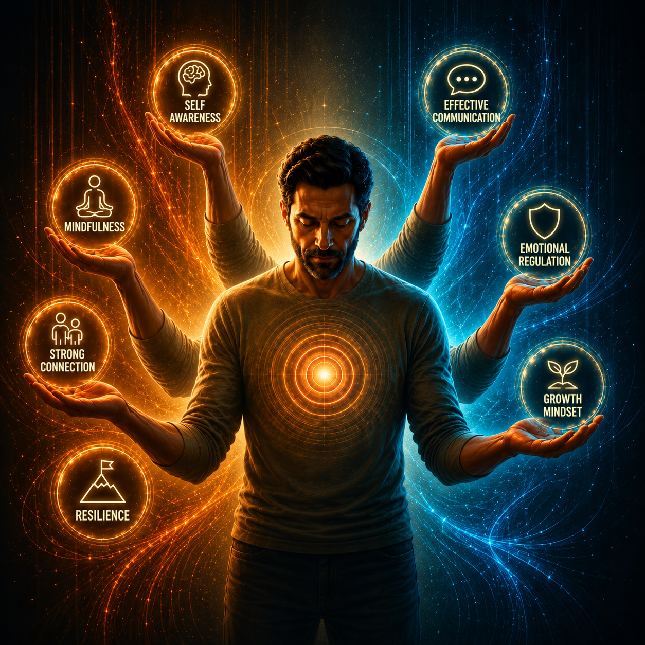 A father at the center of emotional skills — self awareness, mindfulness, strong connection, resilience, growth mindset, emotional regulation, and effective communication