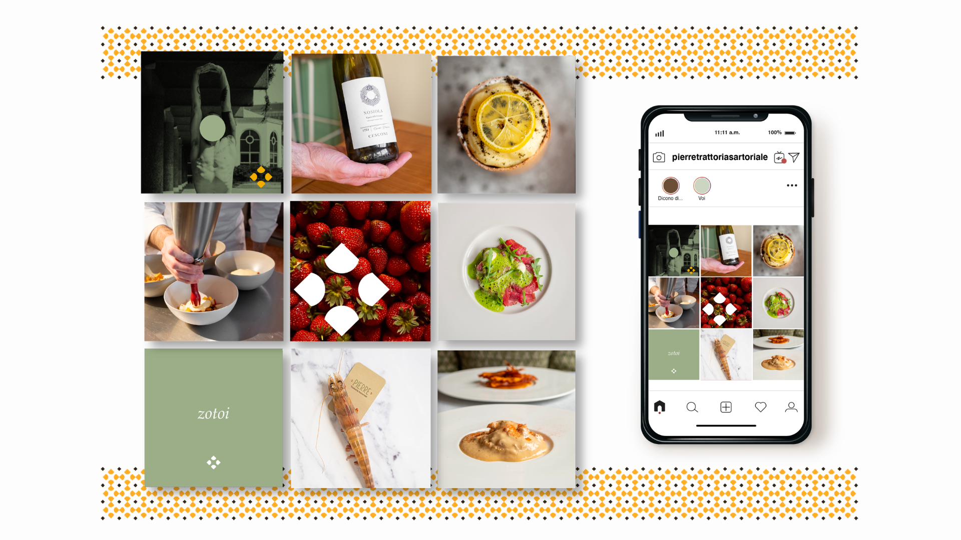 Pierre Trattoria Sartoriale — griglia Instagram + mockup iPhone