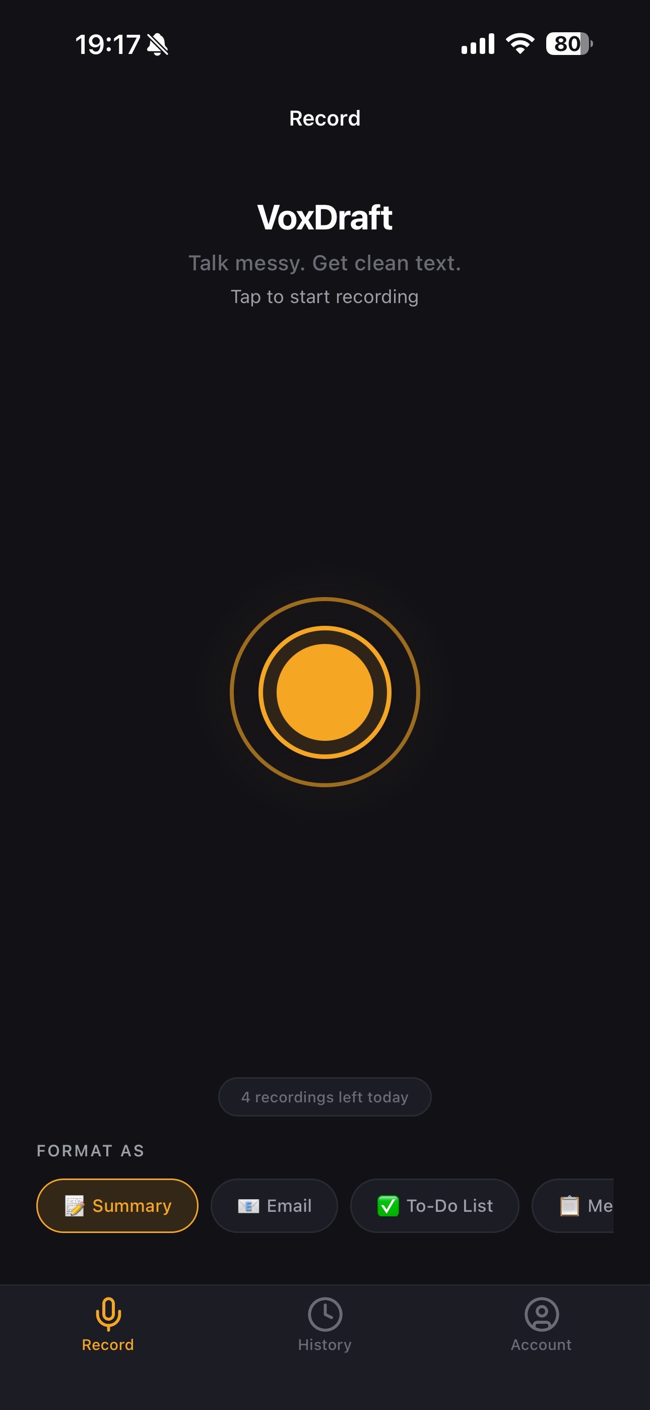 VoxDraft Record Screen - Voice note app interface