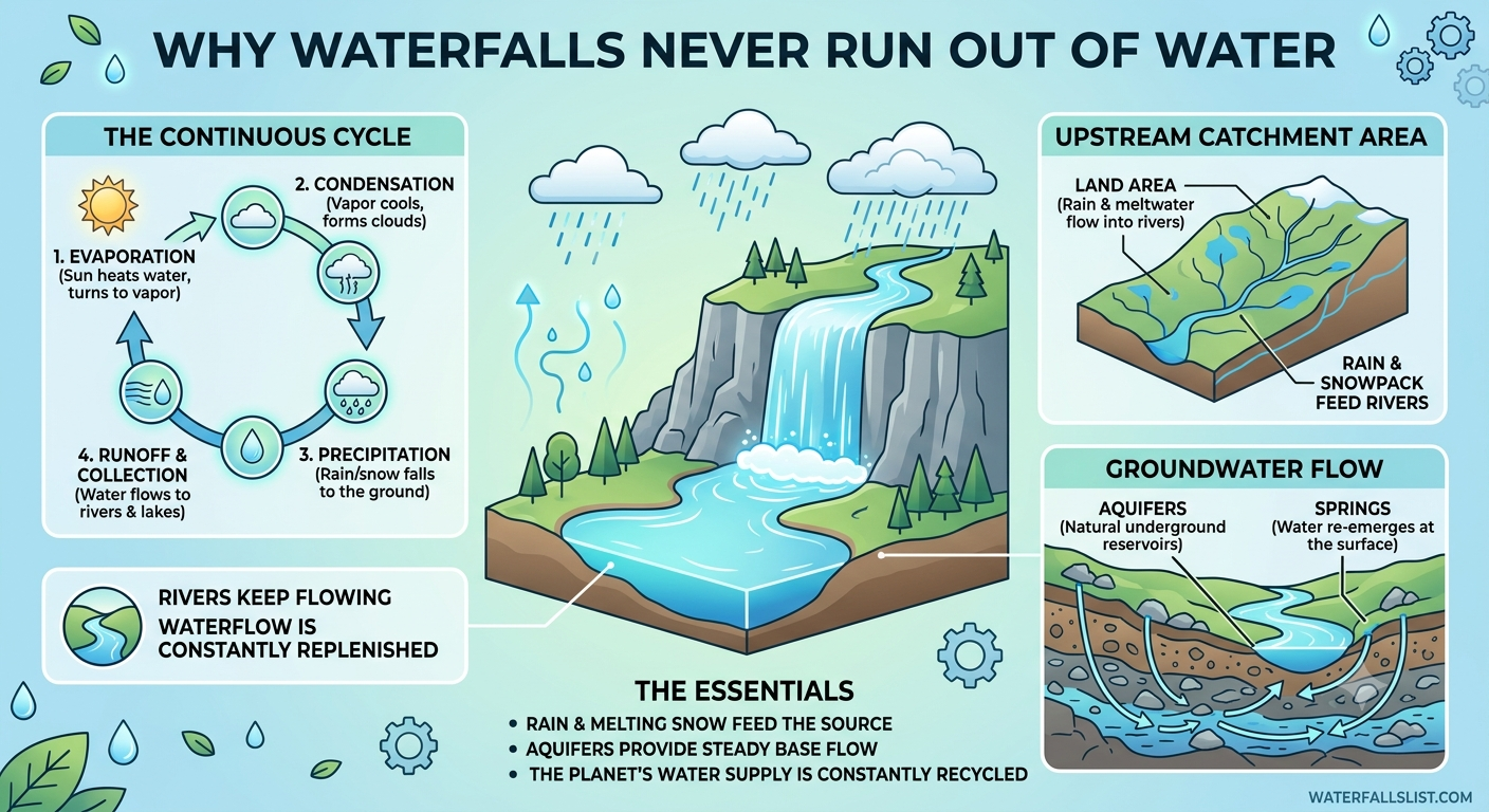 Infographic explaining why waterfalls never run out of water, detailing the water cycle, upstream catchment areas, and groundwater flow.