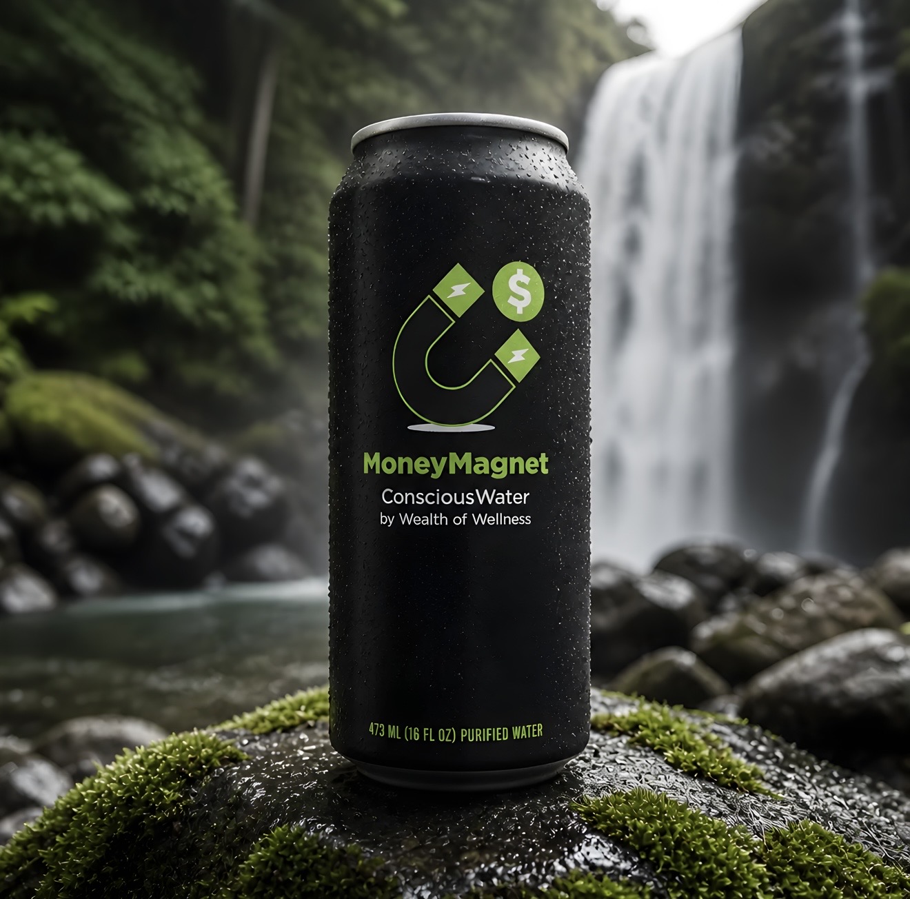MoneyMagnet Conscious Water — premium black aluminum can in cinematic warm light