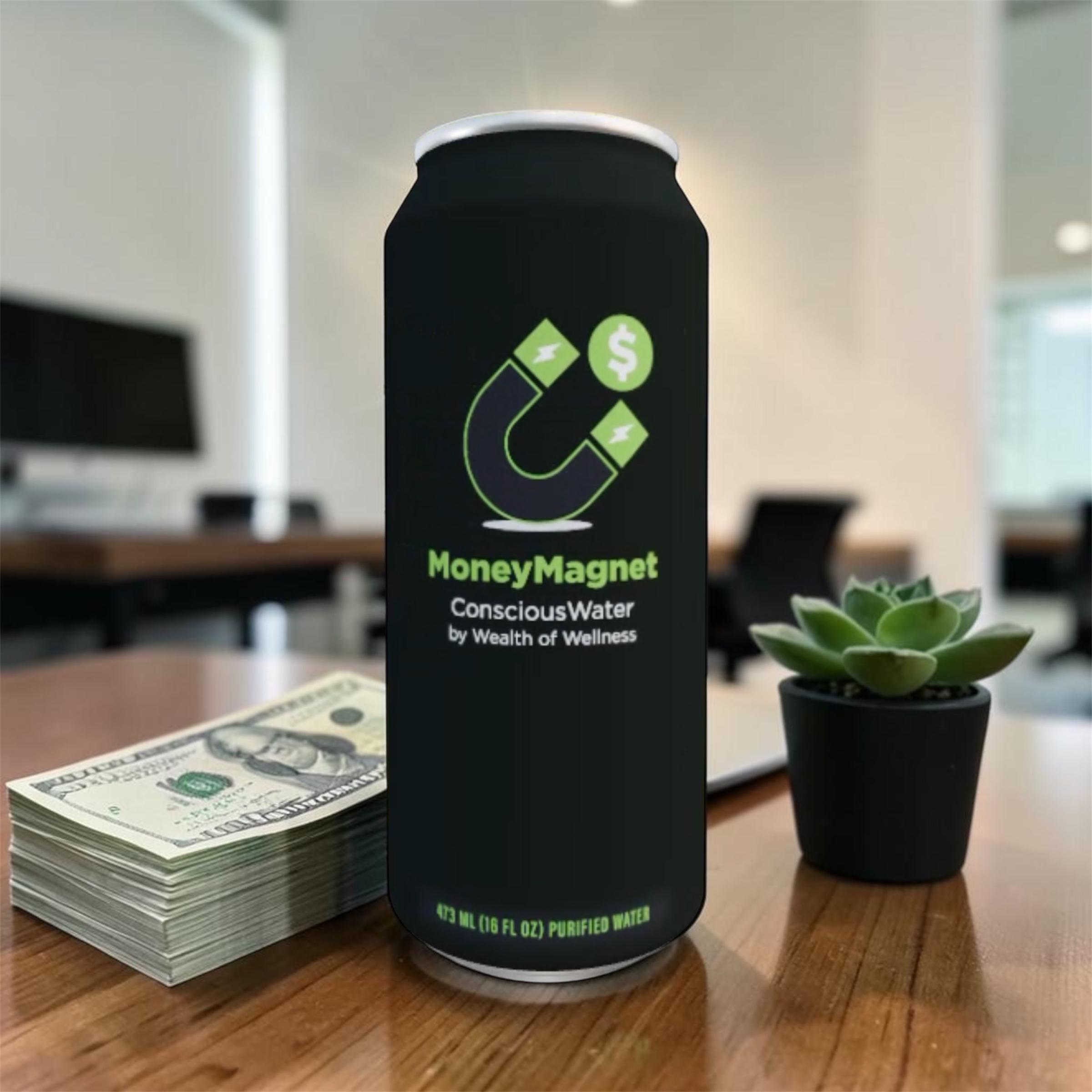 MoneyMagnet Conscious Water can next to a stack of cash