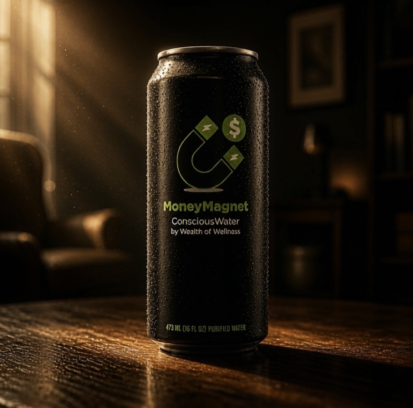 MoneyMagnet Conscious Water — premium matte black aluminum can in cinematic warm light