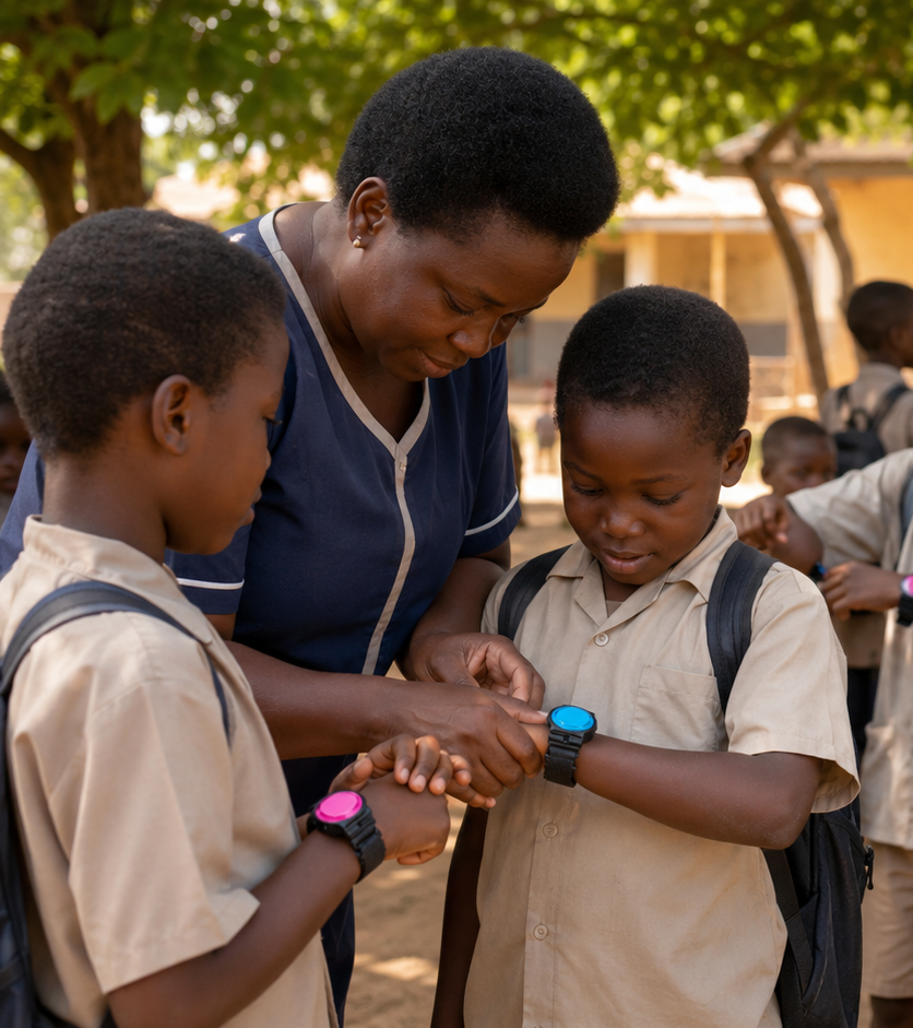A community health worker fitting Safe Band Pro bands on schoolchildren under the trees