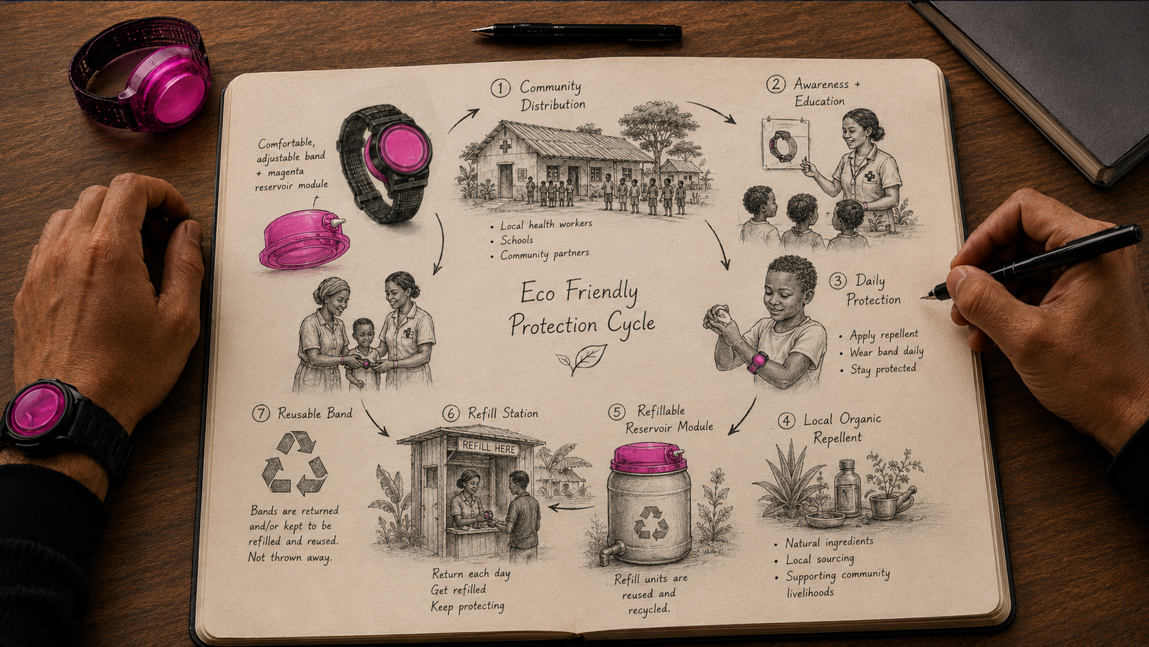 Hand-drawn Eco-Friendly Protection Cycle: community distribution, awareness, daily protection, local organic repellent, refillable module, refill station and reusable band