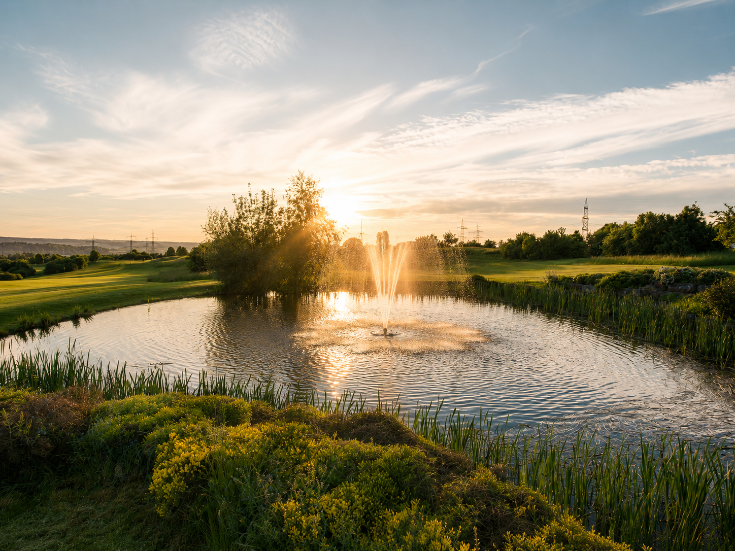 Teich mit Fontäne im Abendlicht
