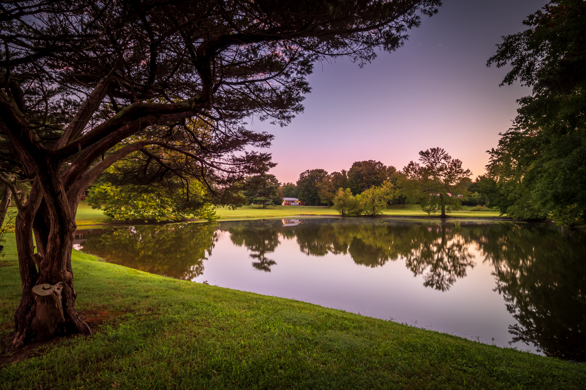 Color photograph of a still lake and dark tree line under a twilight sky