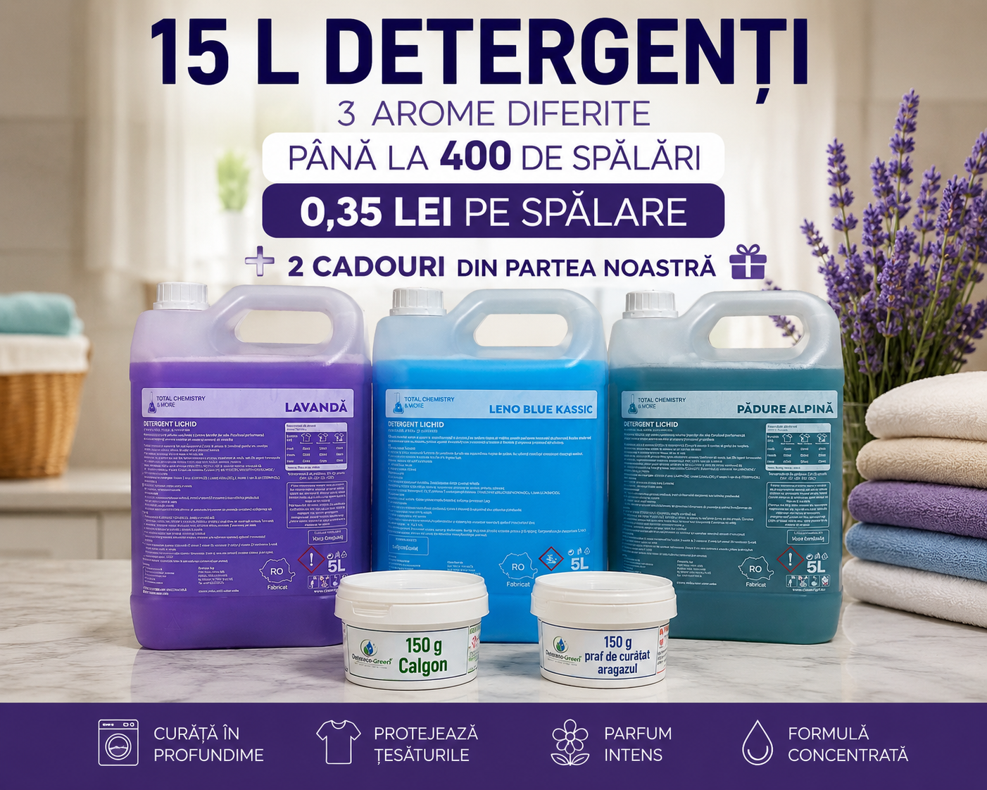PACHET XXXL DETERGENT LICHID PREMIUM 3×5L - Lavandă + Pădure Alpină + Glamour - imagine 3