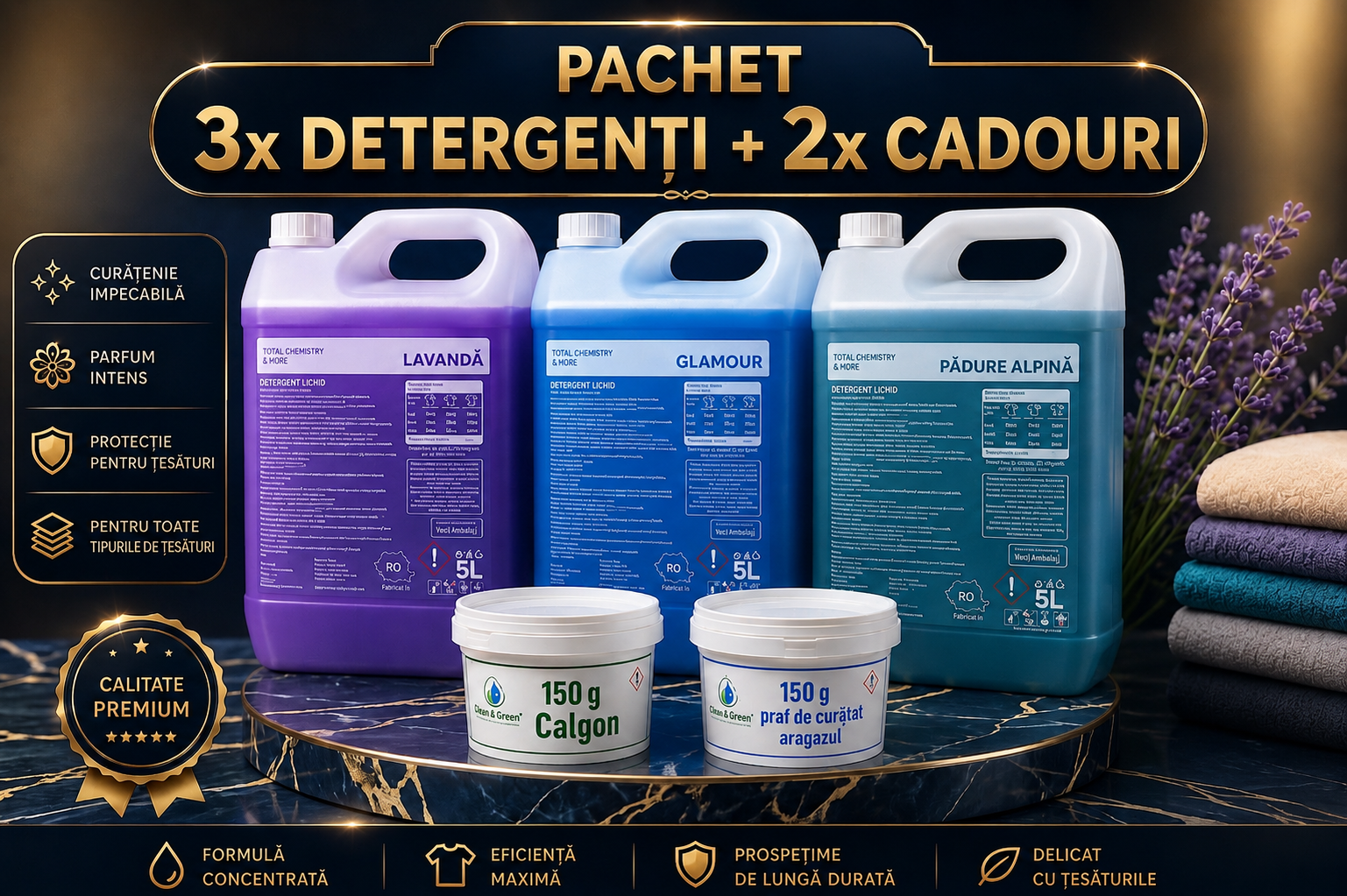 Pachet 3X Detergenți 15L + 2 Cadouri GRATUIT – Până la 400 de Spălări